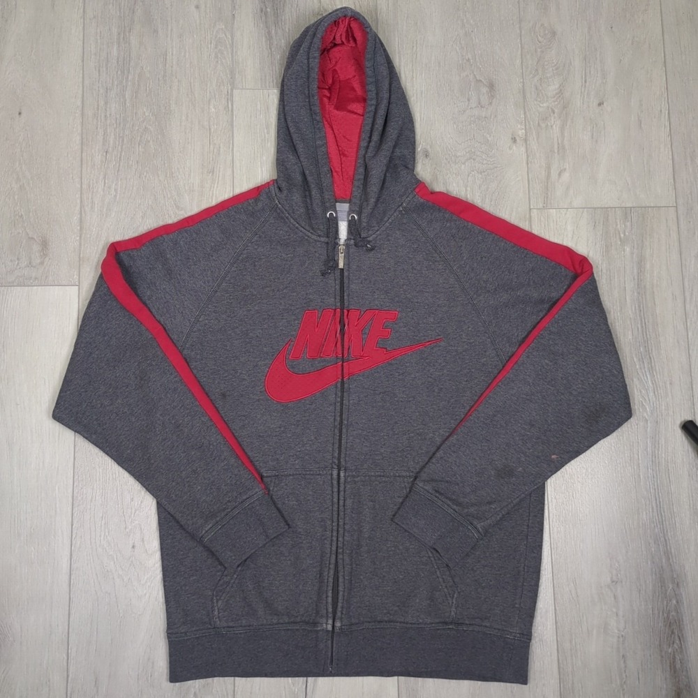 Vintage Nike Hoodie Sweater Mens Large Gray Red Full Zip Embroidered Striped